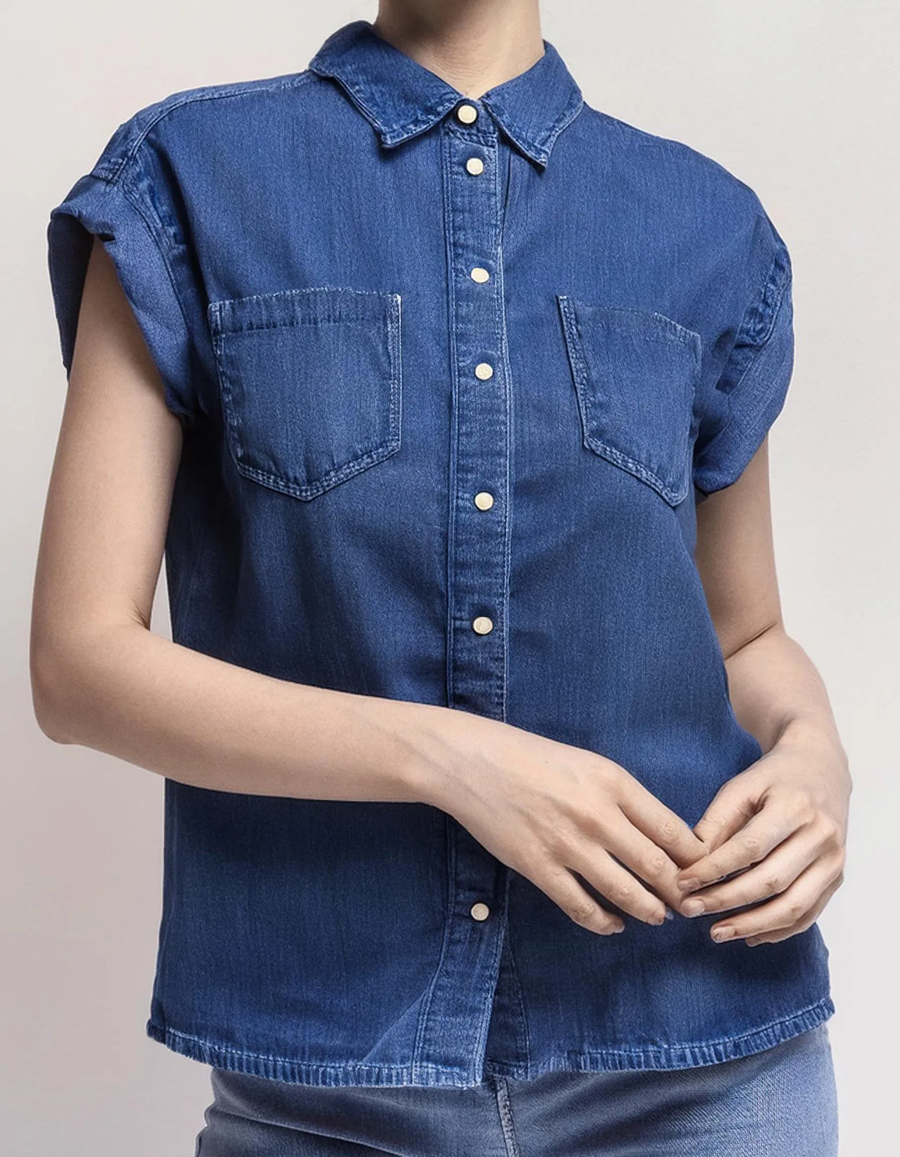 Medium Blue Sleeveless Denim Shirt