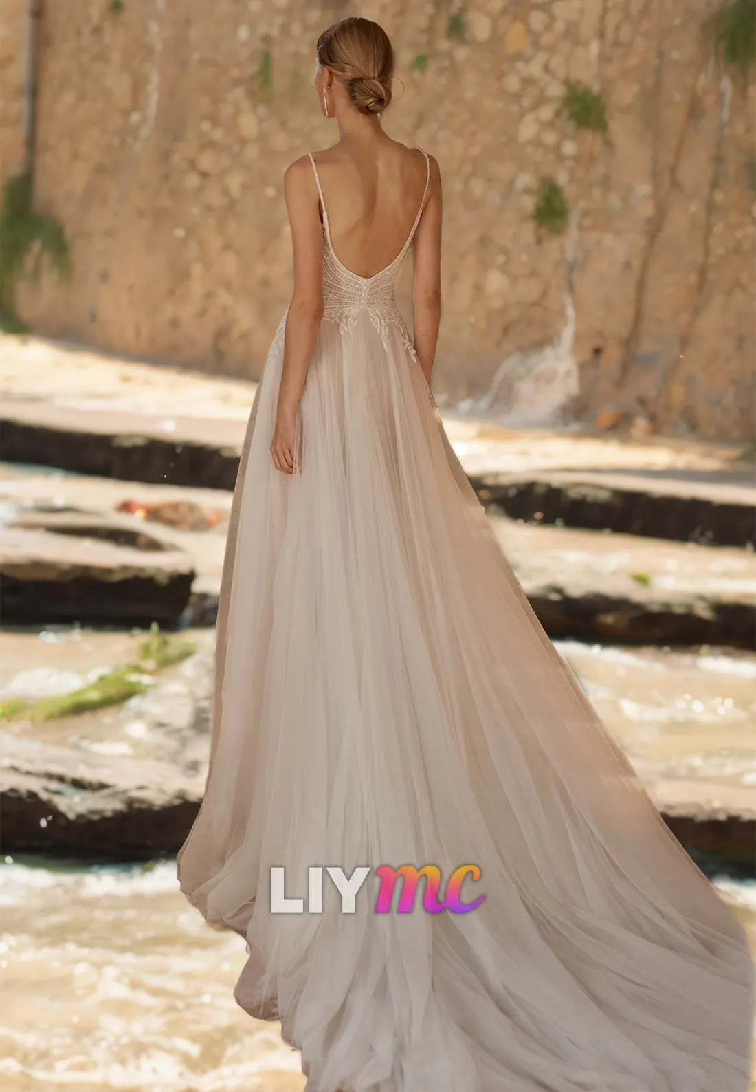 V-Neck Spaghetti Straps Appliques High Slit Boho Wedding Dress
